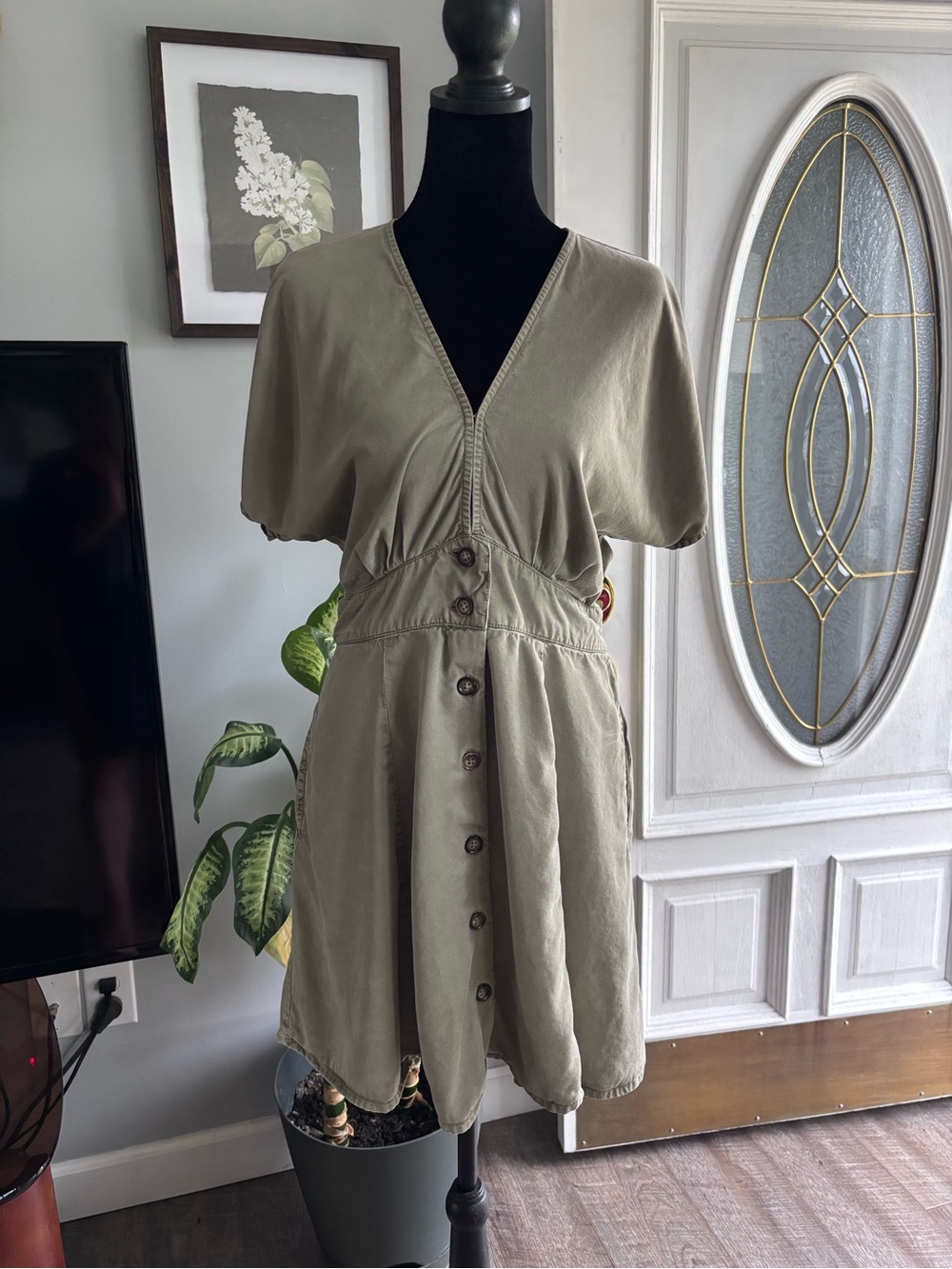 Quince Olive Green Button-Front Tercel Women’s mini Dress